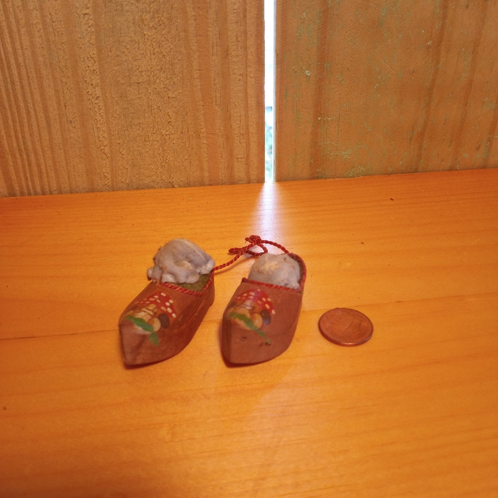 Miniature Brown Wooden Shoes with Red Mushrooms On Toe Accents